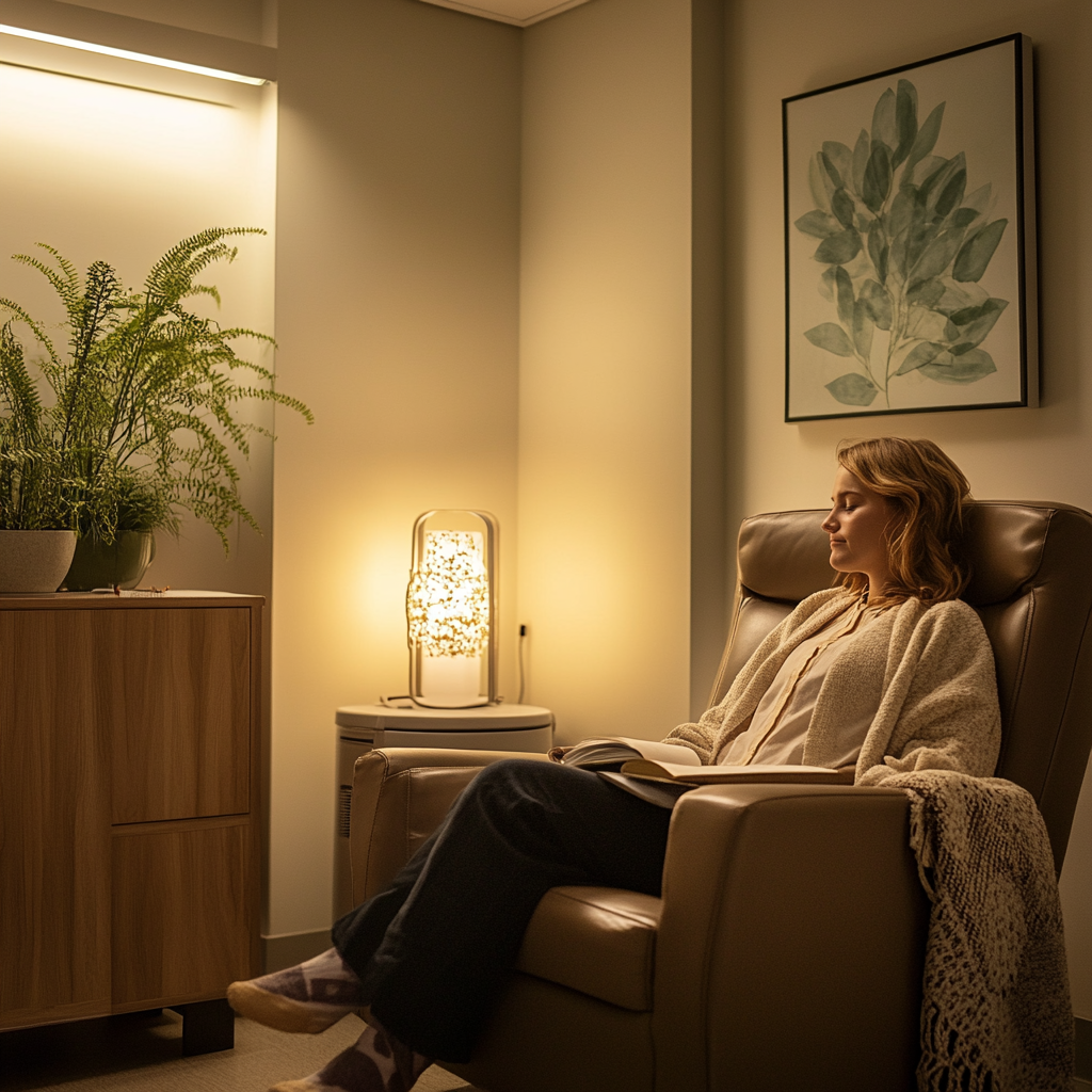 A woman sitting peacefully in a room with warm lighting and a blanket by her side on the armrest. Depicts ketamine's ability to help manage grief.