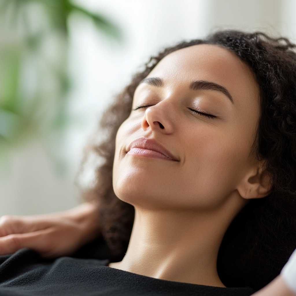 A woman, eyes closed, with a look of calm on her face. Depicts Stellate Ganglion Block for anxiety and PTSD